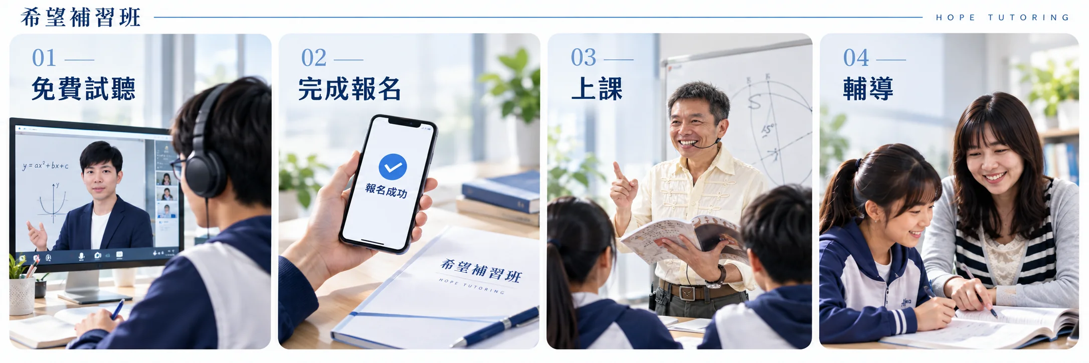 四步驟：01 免費試聽、02 完成報名、03 上課、04 輔導